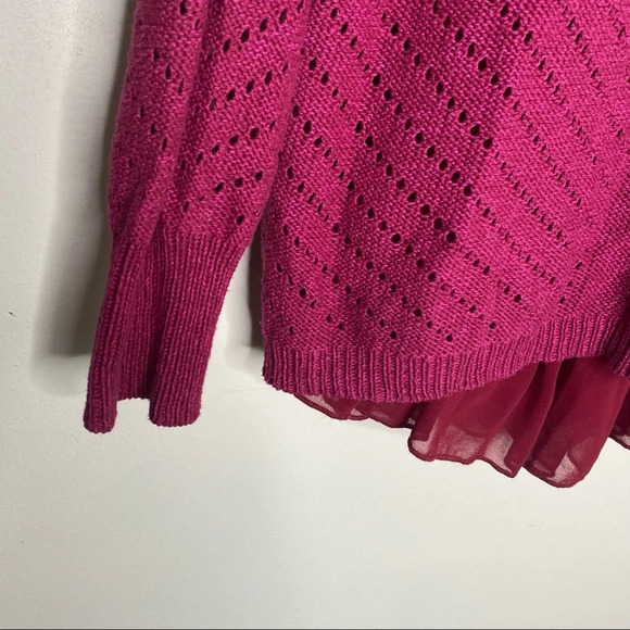 PrAna Plum Red Oversized Chiffon Peplum Underlay Hem Knit Sweater Size Small - Picture 5 of 10